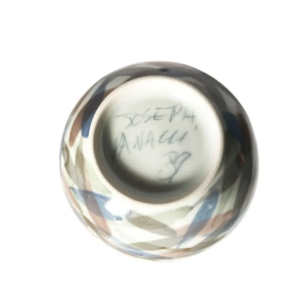 Studio Pottery 80s Signed Vase Beige Blue Mauve Floral